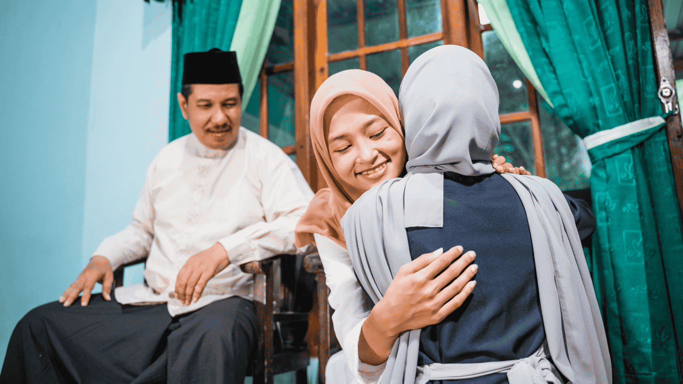 Gambar keluarga bahagia dengan seorang ayah, seorang ibu yang berpelukan dengan anak perempuannya