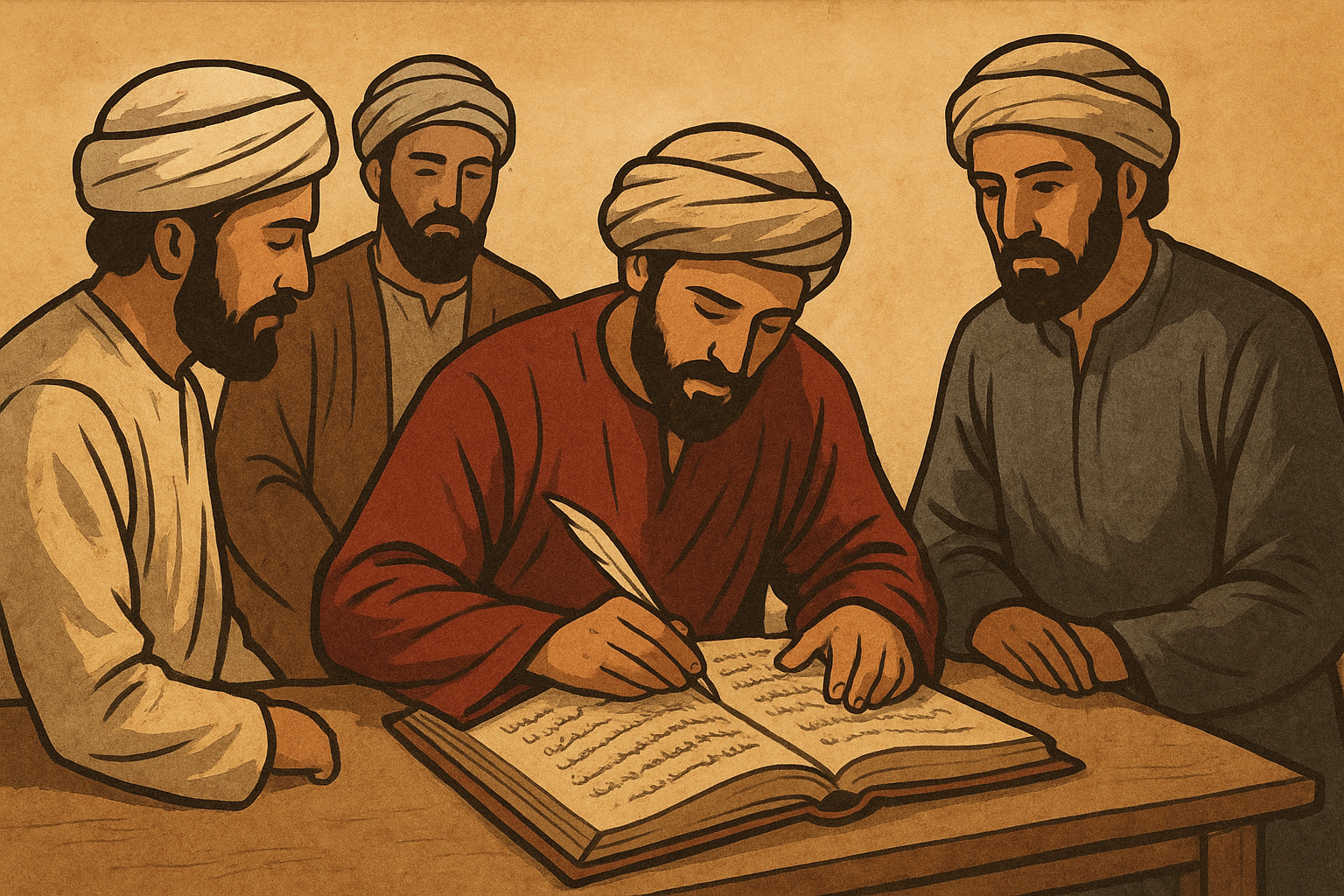 ilustrasi zaid bin tsabit penulis pengumpul Al Qur'an, orang arab menulis
