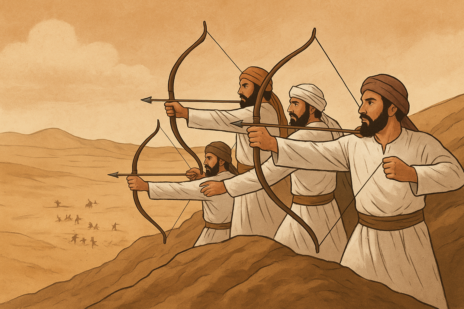 gambar pasukan arab memegang panah di gurun pasir sebagai gambaran Perang Uhud