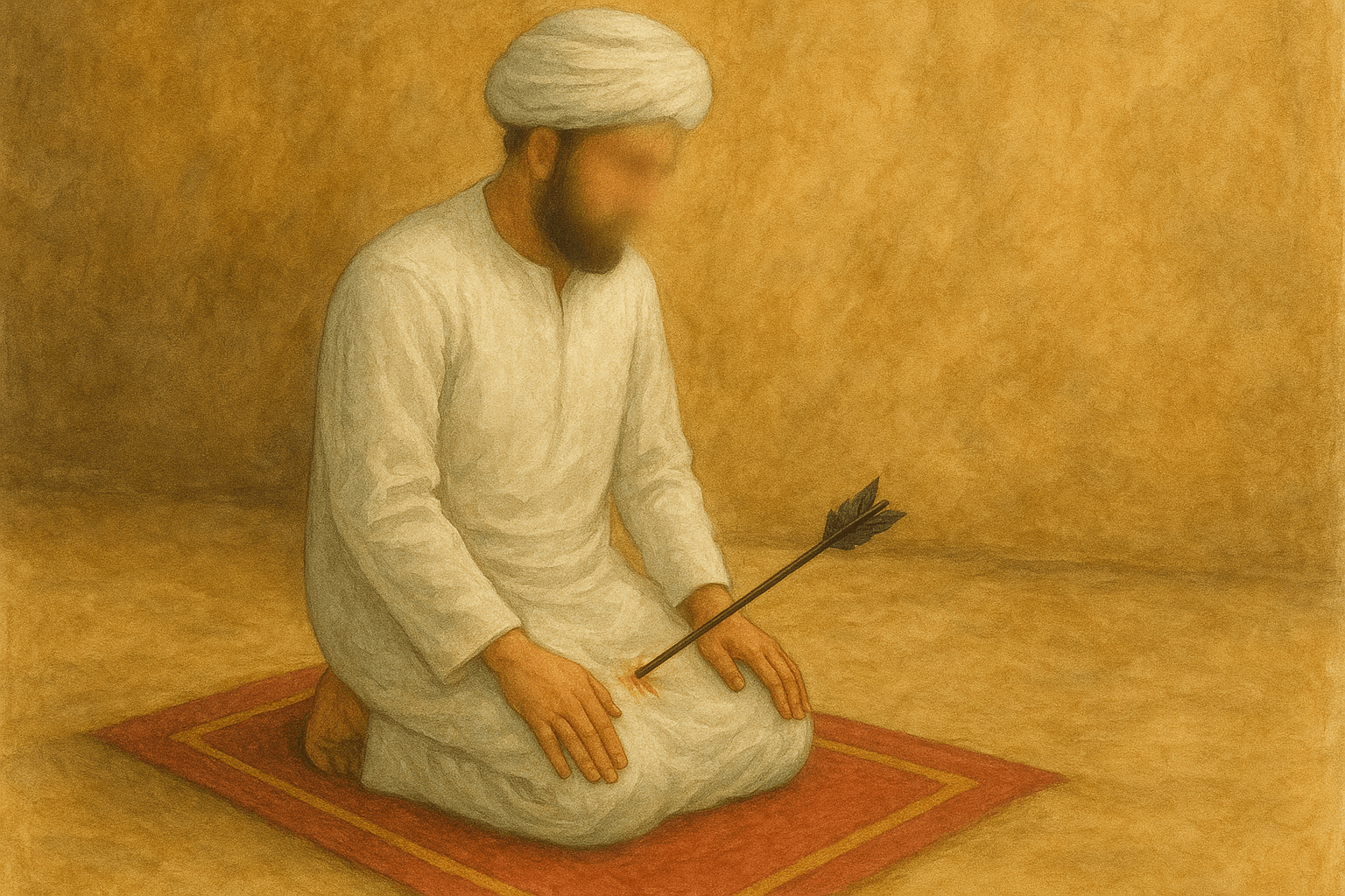 foto seorang pria sedang shalat dan tertusuk panah di kakinya ilustrasi Ali bin Abi Thalib