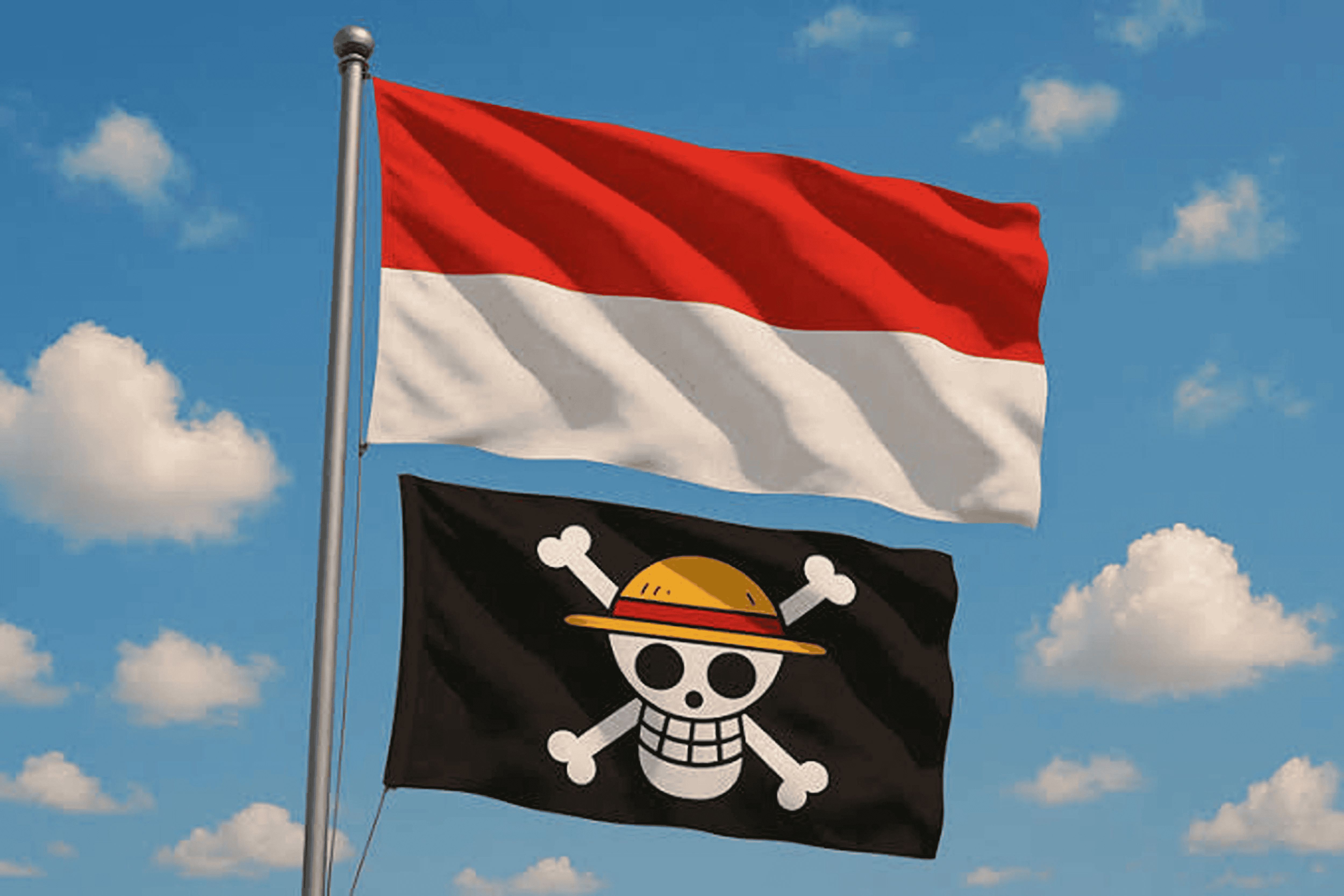 khutbah jumat one piece. gambar bendera one piece di bawah bendera merah putih sebagai simbol protes ketidakadilan dan krisis kepercayaan kepada pemerintah