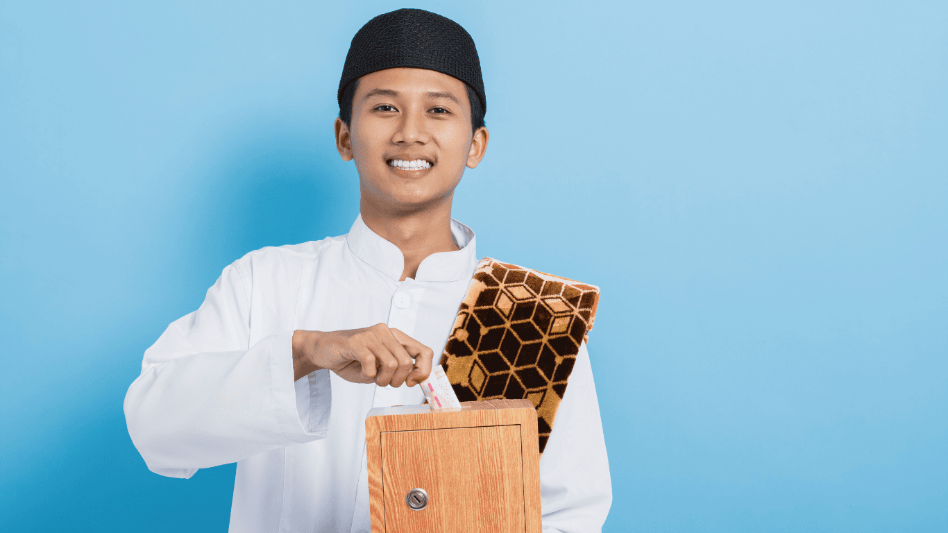 sunnah hari Jumat dengan ilustrasi pria Muslim berpakaian bersih rapi dan bersedekah di hari Jumat