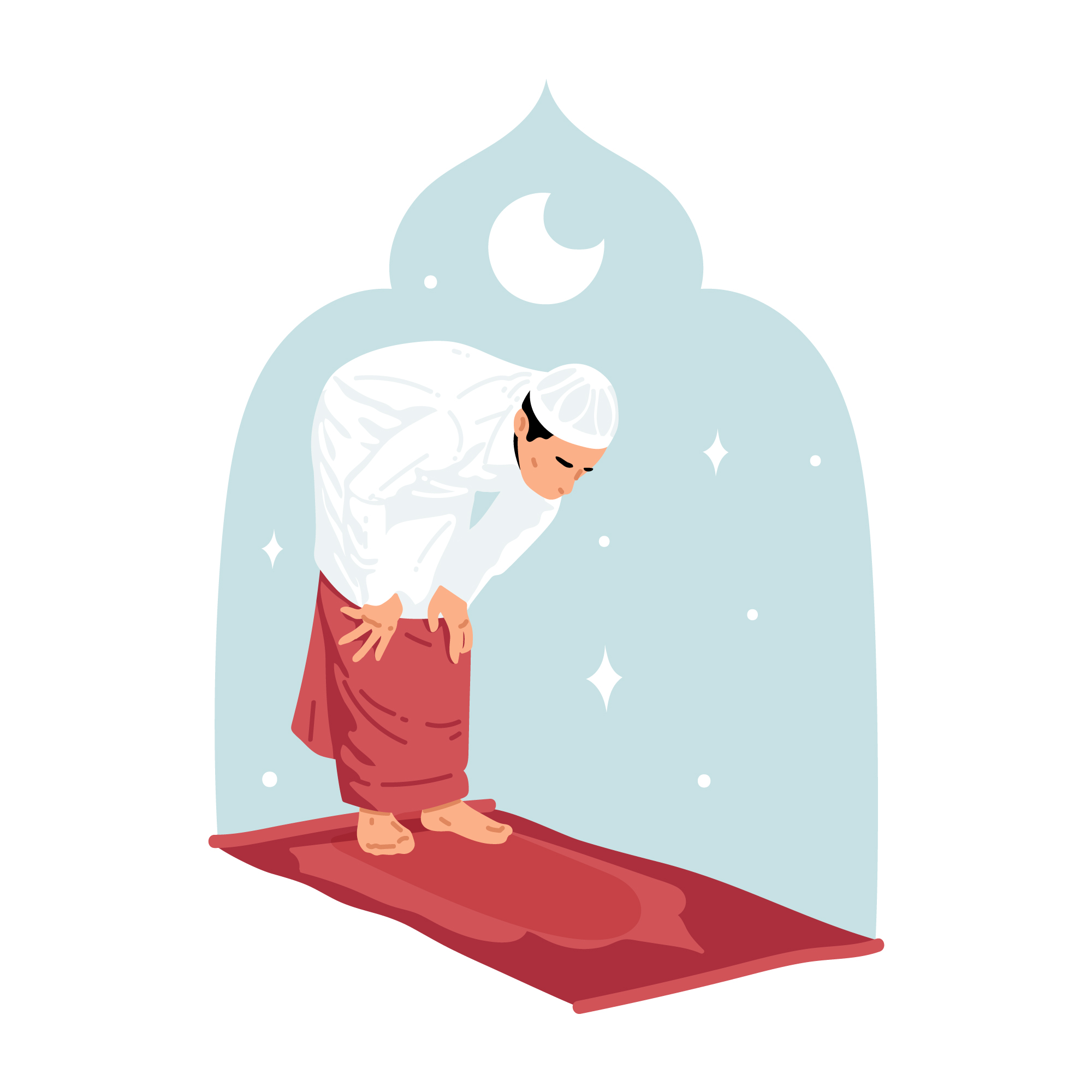gambar animasi pria sedang melakukan rukuk shalat sebagai ilustrasi Manfaat Rukuk Shalat untuk Kesehatan dan Jiwa