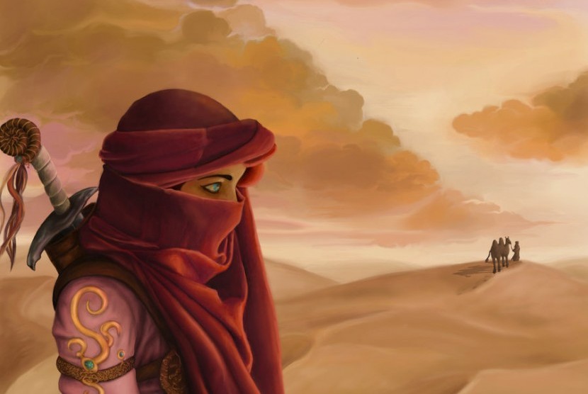 cerita teladan sedekah ummu umarah nusaibah binti ka'ab. Muslimah yang mengenakan hijab tertutup dan pakaian perang, ilustrasi Ummum Umarah dalam Perang Uhud