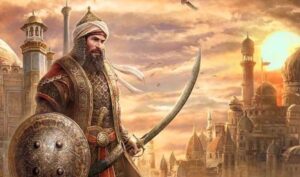 gambar Thariq bin Ziyad dengan baju perang menaklukkan Andalusia