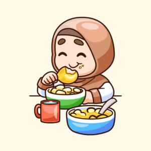 Ilustrasi anak perempuan berhijab makan dengan tersenyum doa sesudah makan