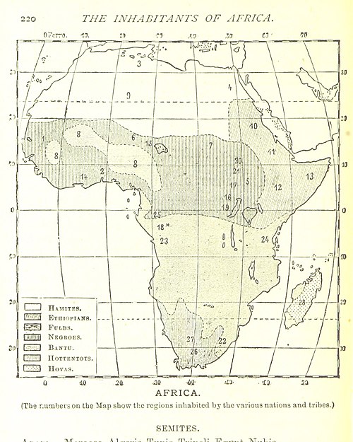 peta etnografik tahun 1889 yang menggambarkan persebaran ras Ham di Benua Afrika, Ham adalah anak Nabi Nuh
