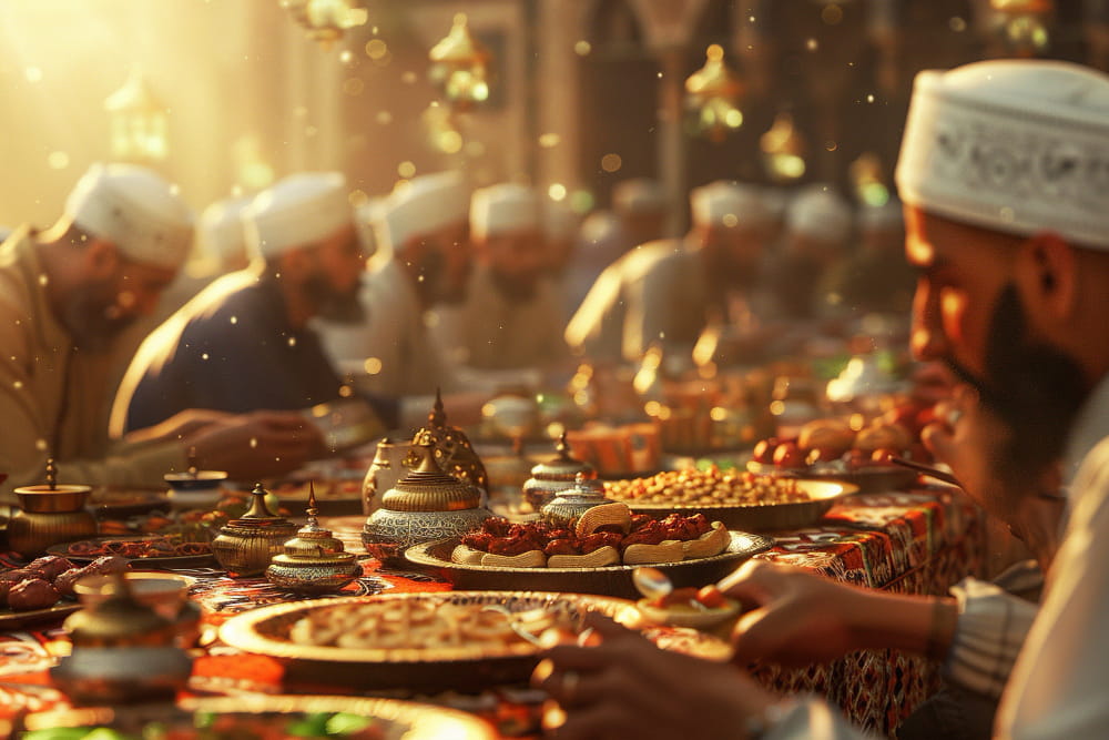 Gambar beberapa pria Arab mengenakan peci menghadiri pesta jamuan makan