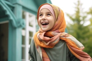 gambar AI anak berhijab dan tersenyum ilustrasi 