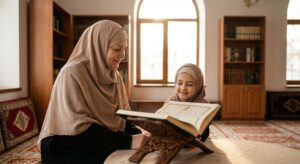 gambar ibu mengajari anak perempuannya mengaji contoh peran wanita dalam keluarga