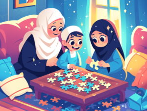ilustrasi AI keluarga Muslim bermain puzzle contoh ide permaina Al-Qur'an keluarga