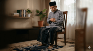 gambar pria shalat dengan duduk di kursi contoh cara shalat ketika sakit.