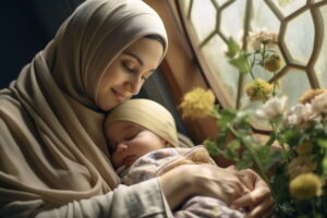 gambar AI ibu berhijab menggendong bayi ilustrasi tidak puasa karena menyusui