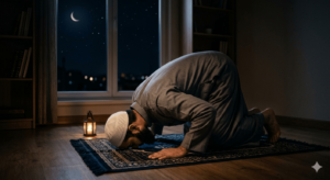 ilustrasi AI pria sujud di malam hari ilustrasi shalat malam atau jumlah rakaat shalat witir